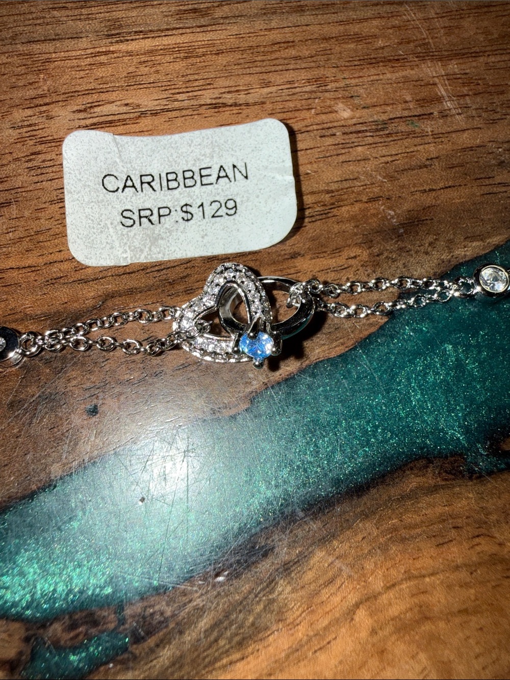 Caribbean Silver Heart Necklace with Blue Stone Accent